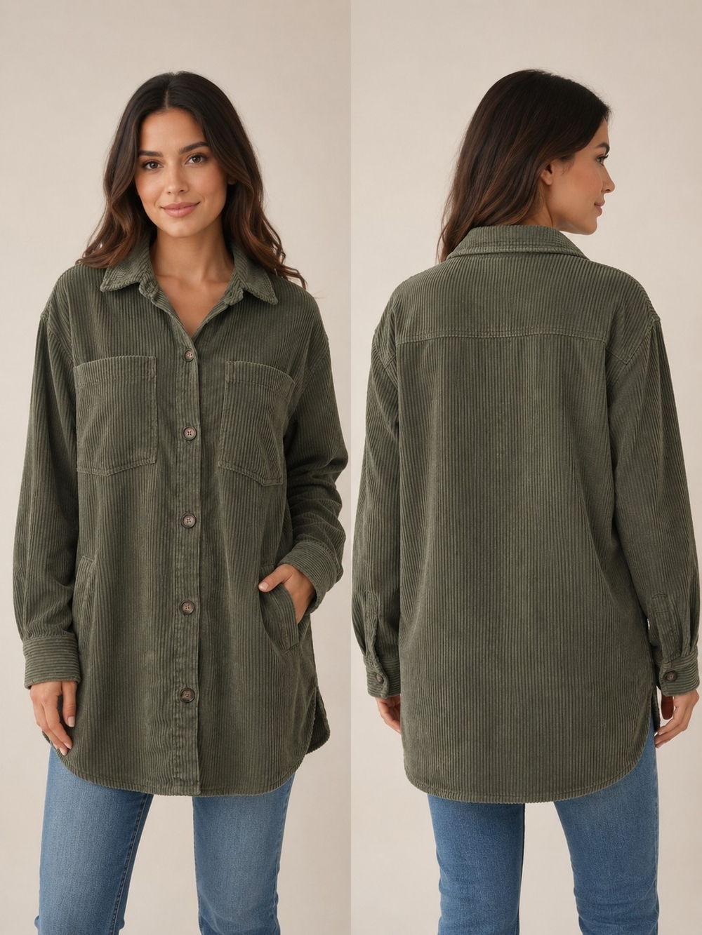 Ashley By 26 International Olive Green Corduroy Shacket